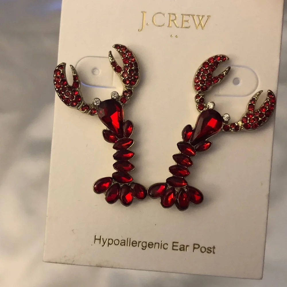 J. Crew Factory Silver Tone & Red Crystal Encrusted Lobster Drop Earrings NWT